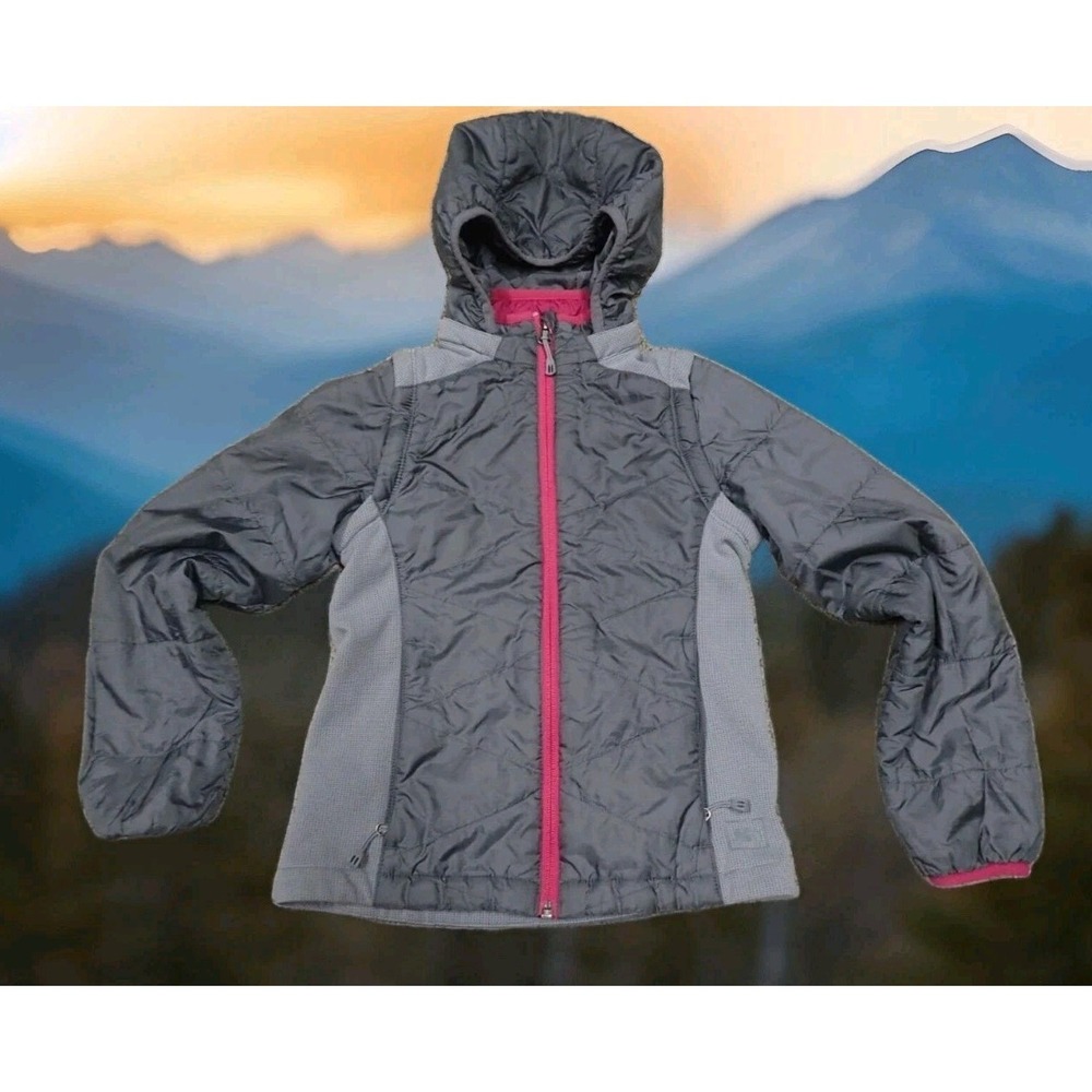 REI Hooded Insulated Jacket Girls Size 8 Grey Pink Excellent Hybrid Puffer